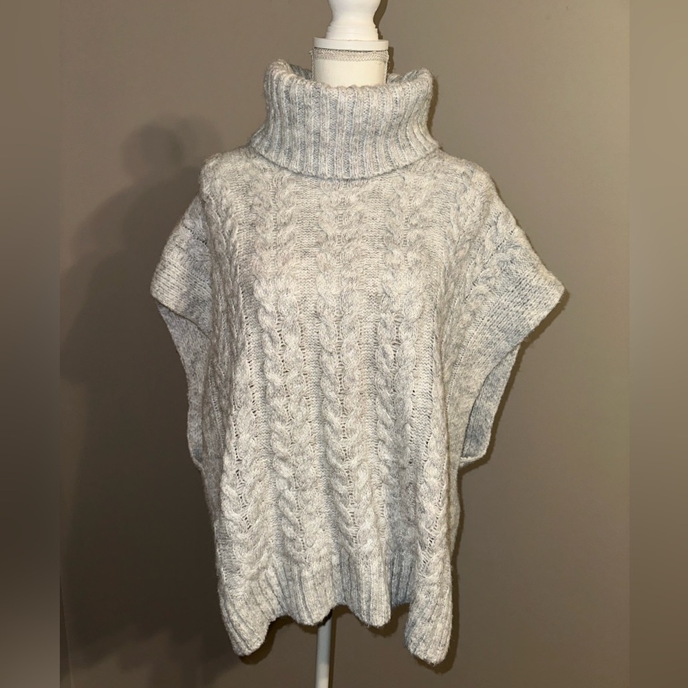 Joie Sweater Women Small Gray Cable Knit Turtleneck Poncho Short Sleeve Pullover